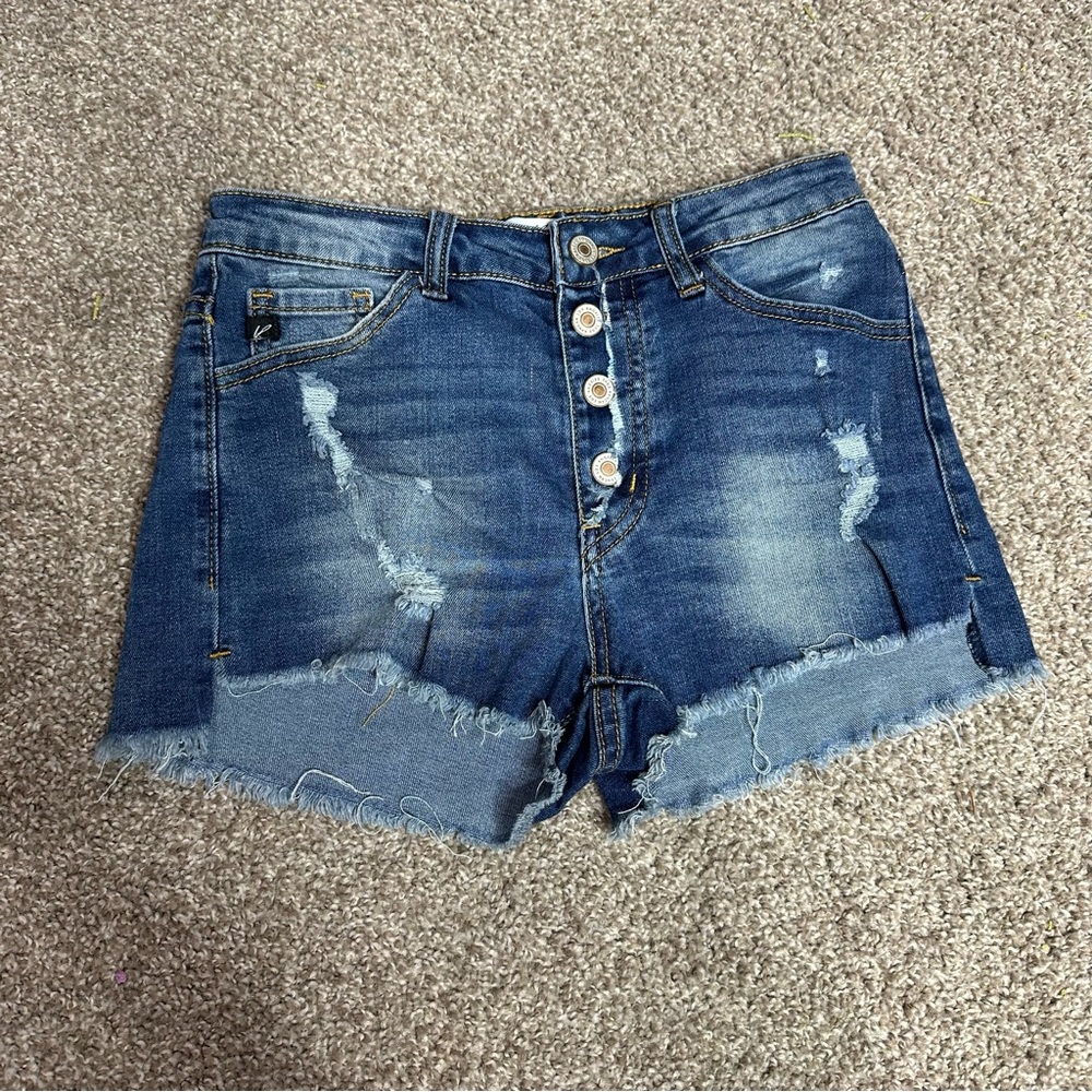 KanCan Distressed High-Waist Button-Front Denim Shorts in Blue